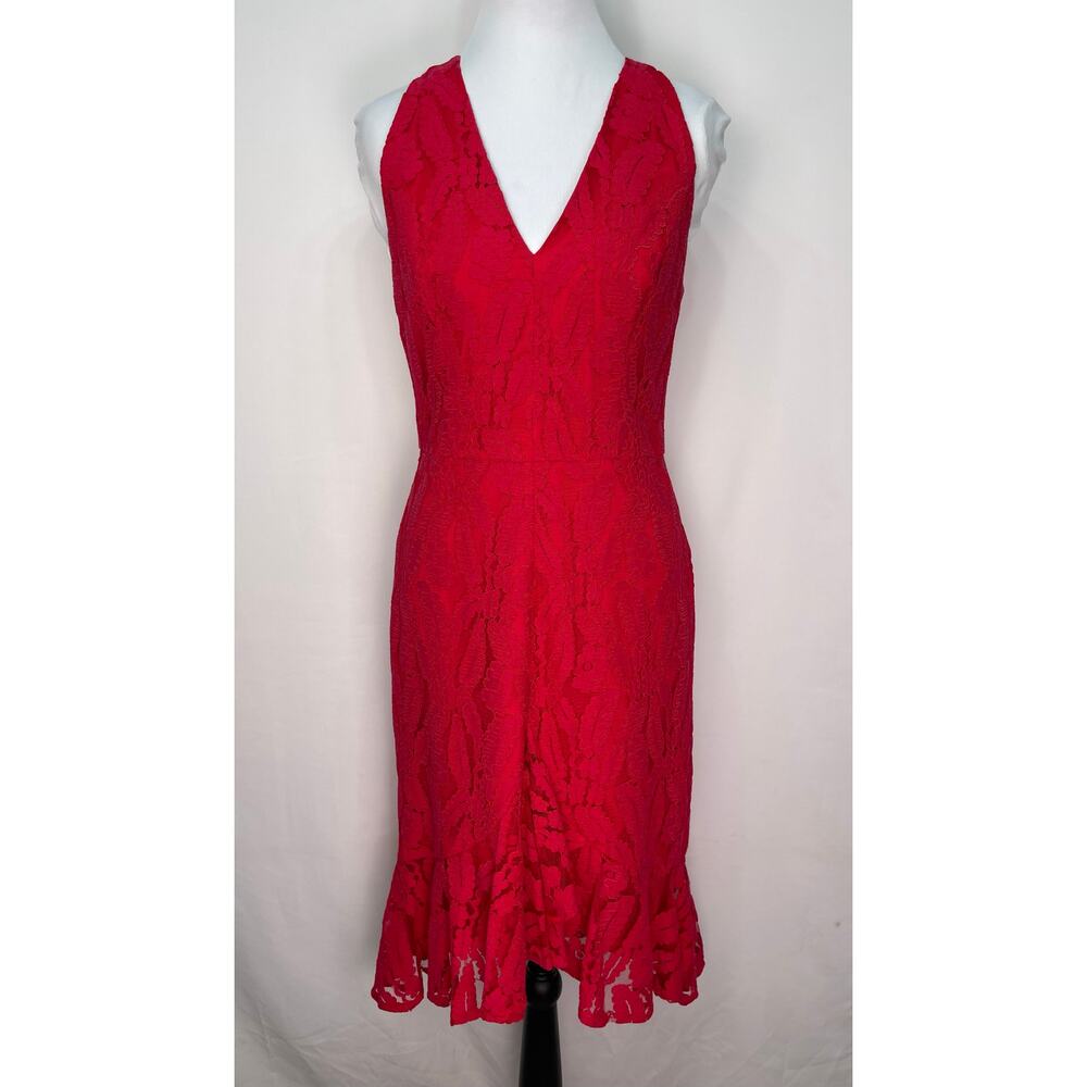 Maggy London Red Lace Sleeveless V Neck Cocktail Dress Size 2 Midi - Picture 2 of 11